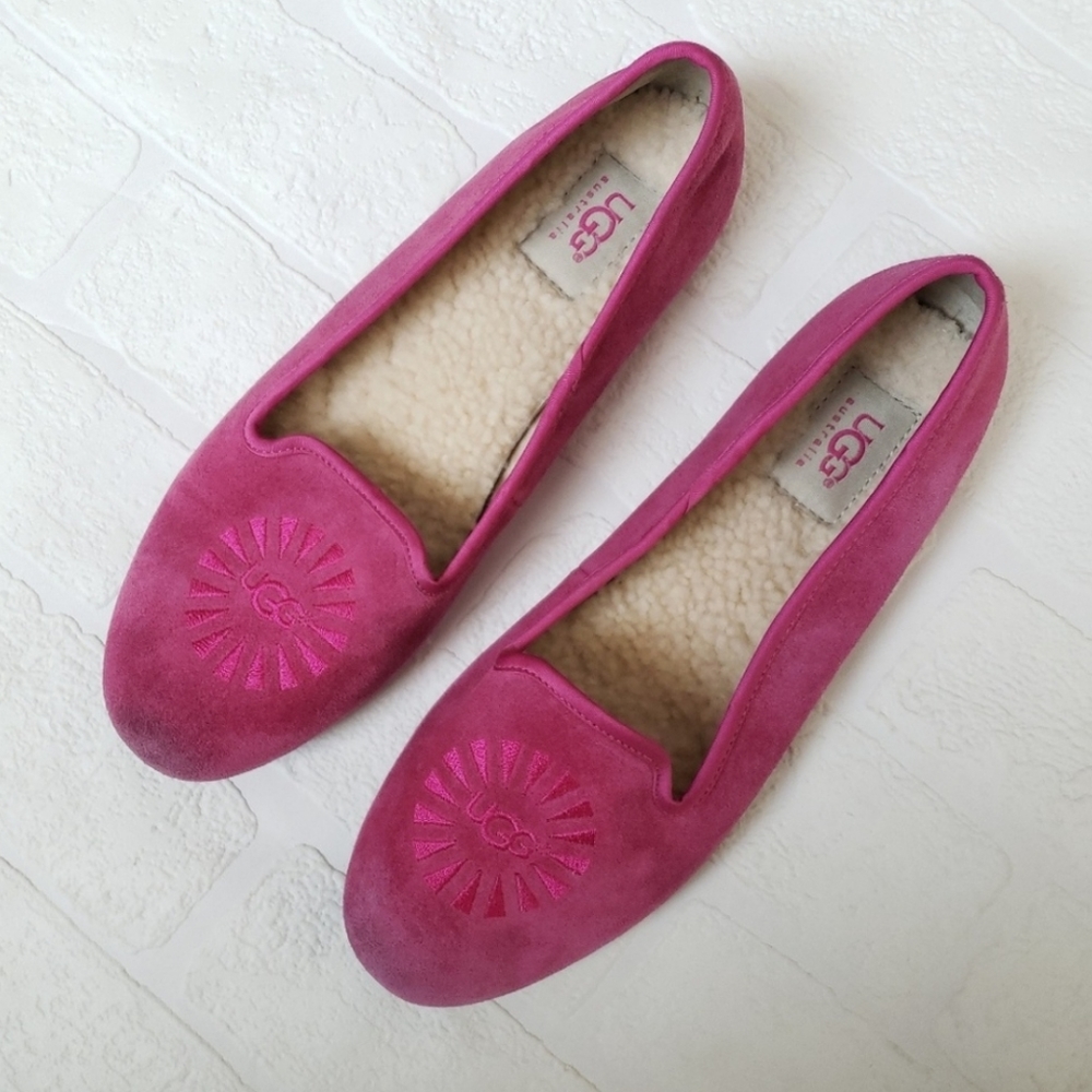 UGG Alloway Pink Raspberry Suede Shearling Loafer Flats
